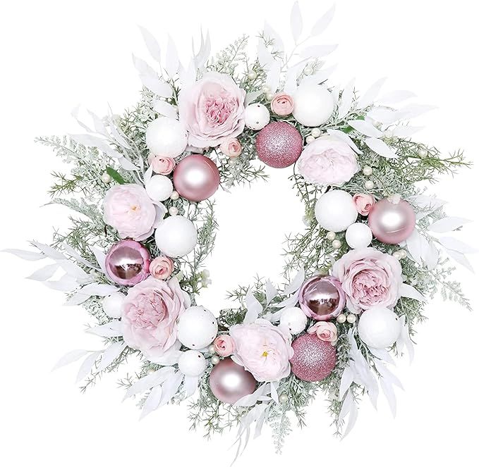 Ansuma Christmas Wreath, 22 Inches Pink Xmas Ball Wreath with Pink Balls Ornaments and Blush Rose... | Amazon (US)
