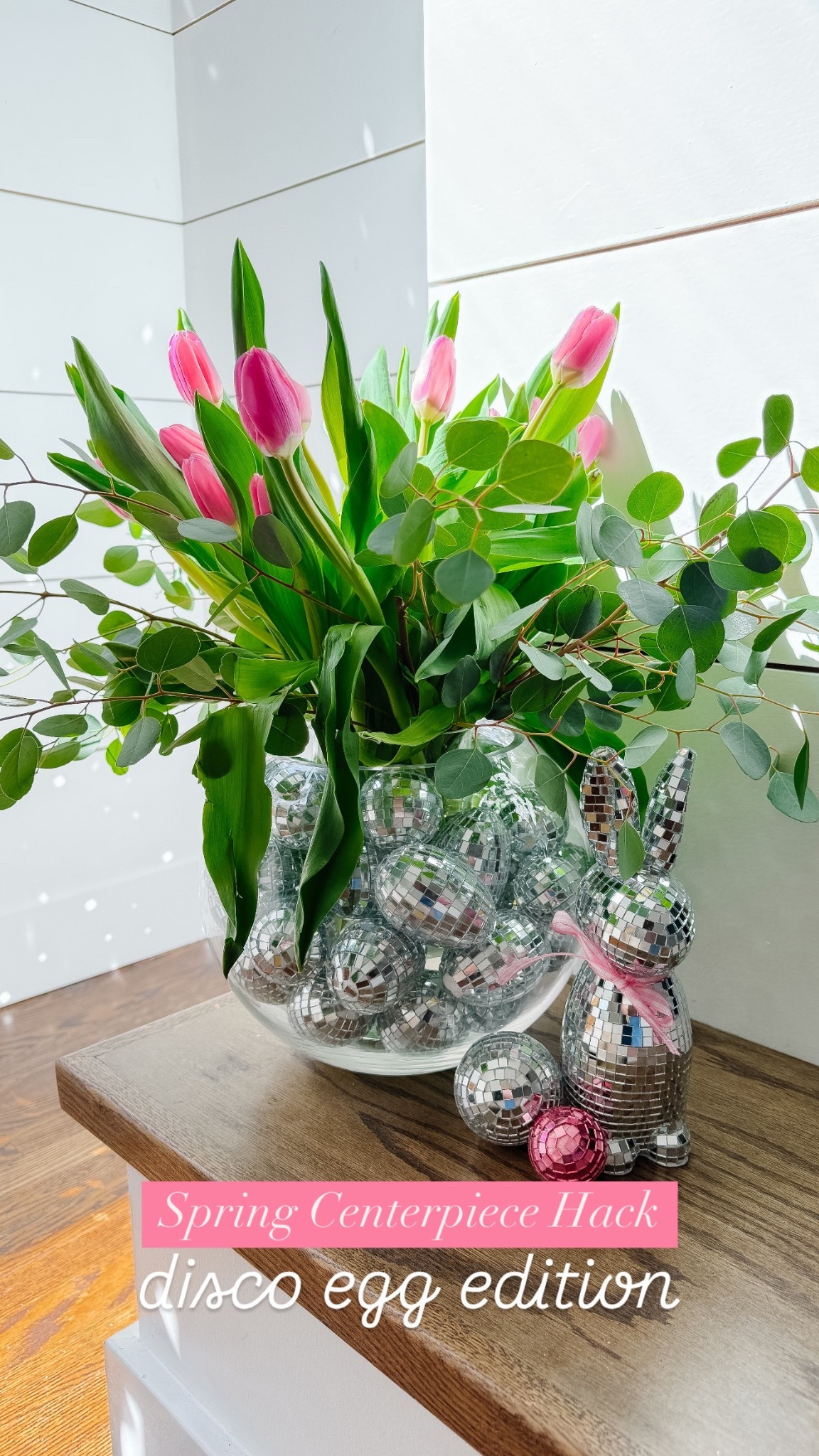 Spring centerpiece, hack: disco egg version. Create a sparkling centerpiece with disco ball eggs and a double vase arrangement! 🪩

#LTKFamily #LTKSeasonal #LTKHome
