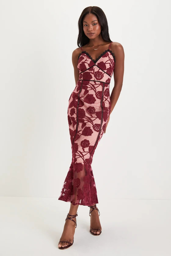 Alluring Dream Burgundy Floral Mesh Lace Trumpet Midi Dress | Lulus (US)