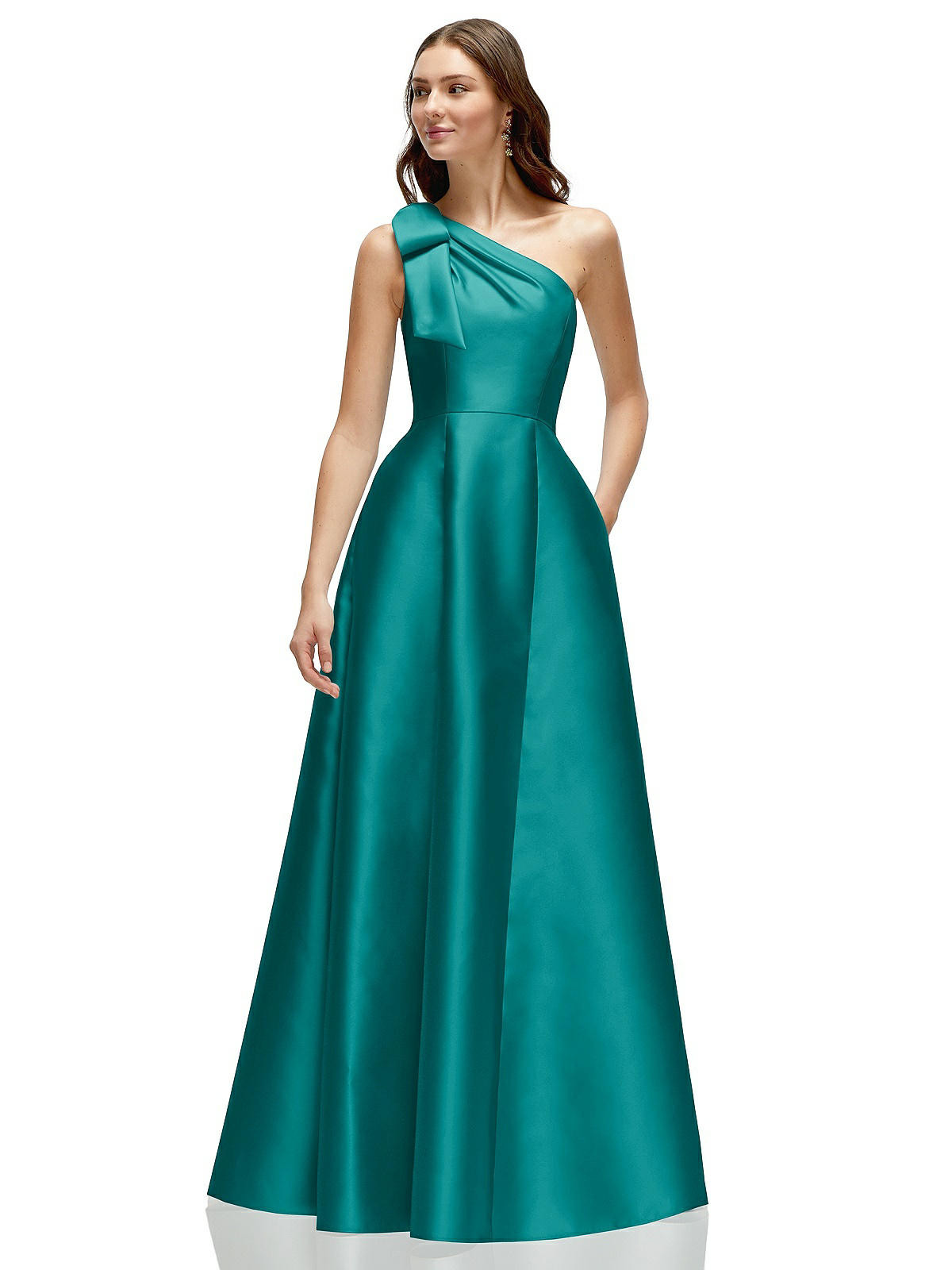 Bow One-Shoulder Full A-Line Satin Maxi Dress in Jade | Dessy Group