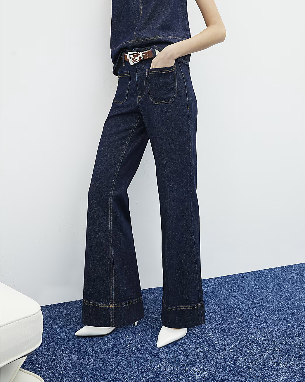 Indigo High Waisted Pocket Wide Leg Jeans | River Island UK & IE