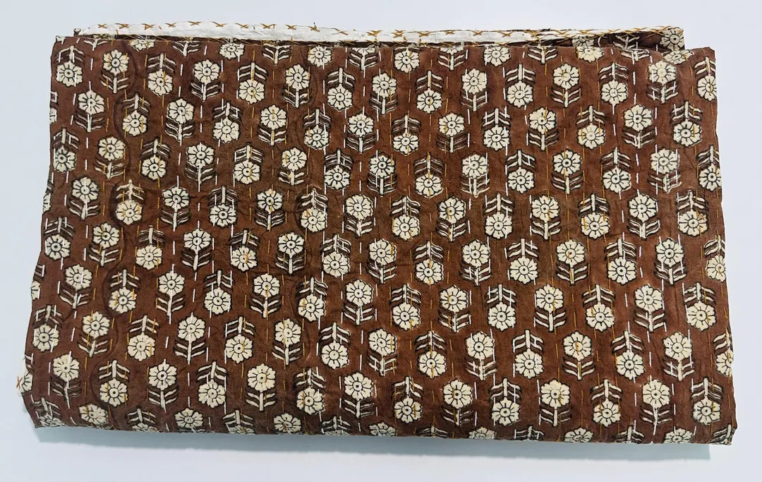 Brown Floral Kantha Quilt | Handmade Block Print Cotton Blanket | Rustic Reversible Bedspread | I... | Etsy (US)