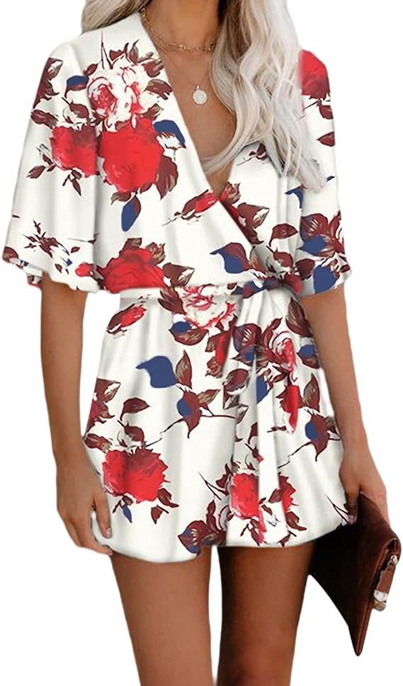 AIMCOO Women's Summer Deep V-Neck Floral Print Romper Ruffle Hem Half Flared Sleeve Jumpsuits Wai... | Amazon (US)