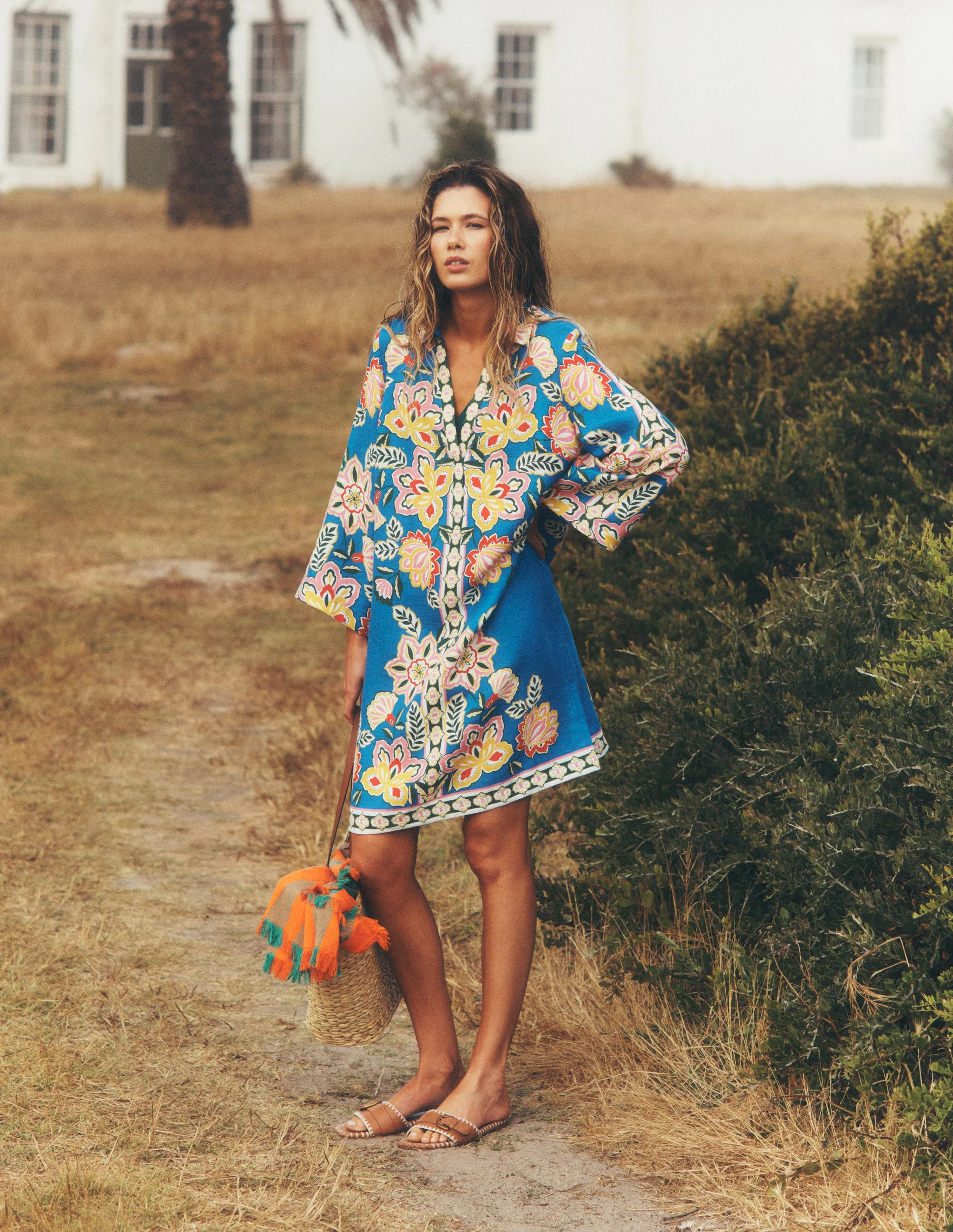 Carmen Linen Short Dress-Blue Blossom Elegance | Boden (US)