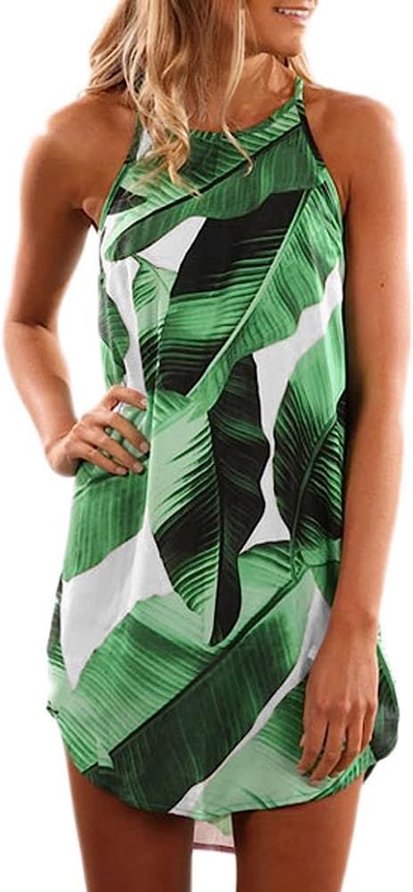 Womens Halter Floral Printed Sleeveless Beach Mini Casual Dress Summer Short Sundresses | Amazon (US)