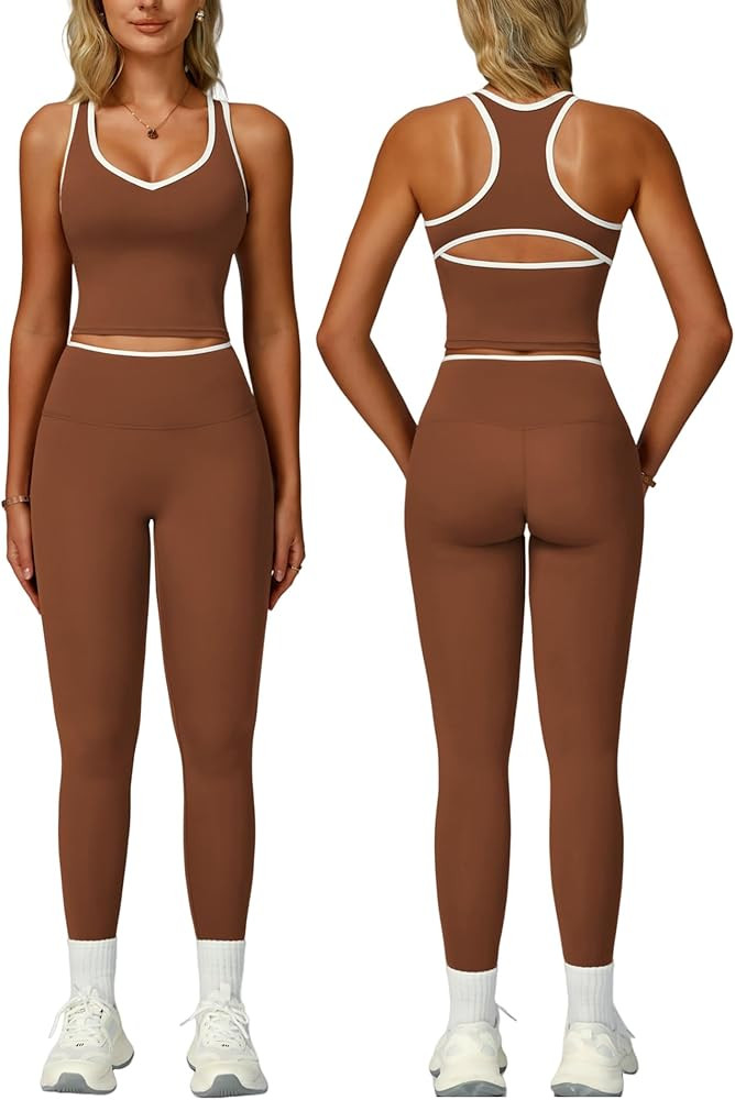 Women 2 Piece Workout Sets Racerback Color Block Tank Tops High Waist Tummy Control Active Leggin... | Amazon (US)