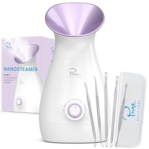 NanoSteamer Large 3-in-1 Nano Ionic Facial Steamer with Precise Temp Control - Humidifier - Unclogs Pores - Blackheads - Spa Quality - Bonus 5 Piece Stainless Steel Skin Kit (Lilac) | Amazon (US)