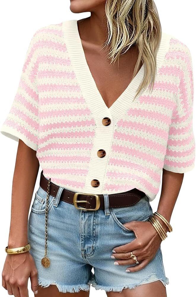 Saodimallsu Womens Short Sleeve Striped Cardigan Sweaters Crochet Knit Button Down Shirts V Neck ... | Amazon (US)