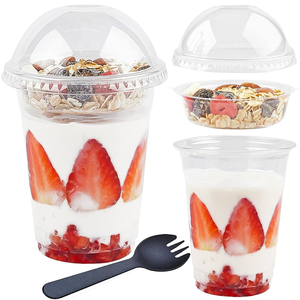 Zezzxu 50 Pack 12 oz Plastic Yogurt Parfait Cups with Dome Lids Inserts and Sporks, Clear Disposa... | Amazon (US)