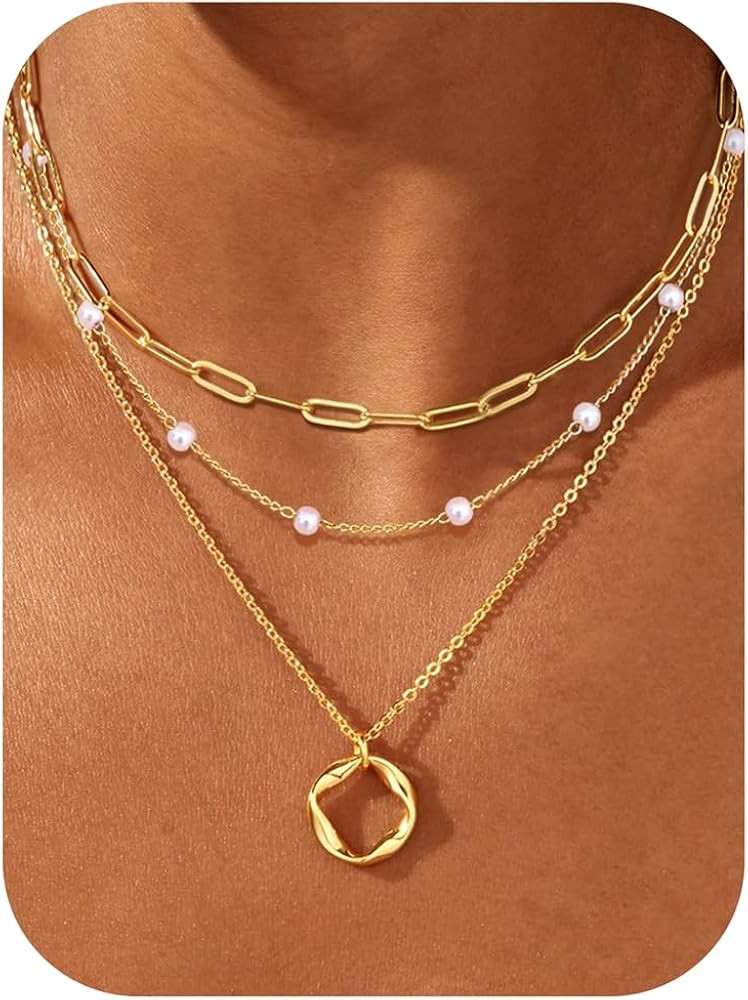 TEN MIRO Imitation Pearl Necklaces for Women Trendy, Dainty 16k Gold Plated Layered Necklaces for... | Amazon (US)