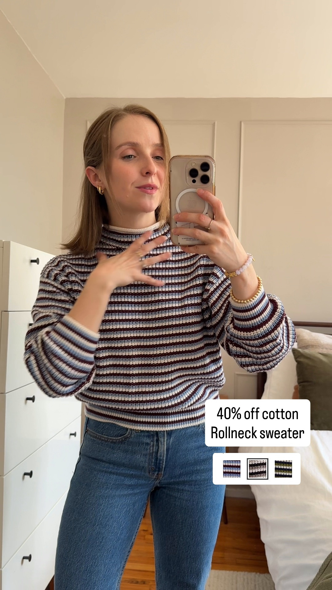 40% off the prettiest 100% cotton rollneck sweater wearing xs petite and it hits at a great length where you don’t have to tuck it 25 short straight jeans