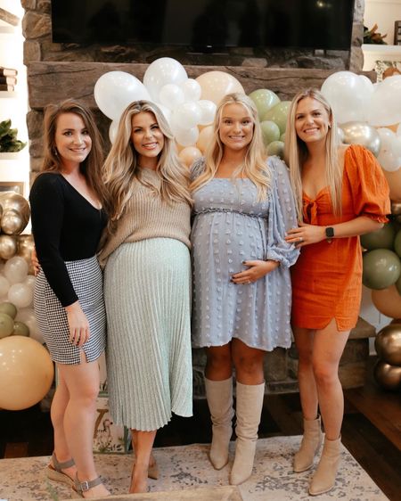 Shop our maternity outfits for baby shower today! 🫶🏼 I am wearing size small in my dress & my sweater is super old, but linking similar! 

Bump friendly | bump fashion | baby shower outfit | maternity fashion 

#LTKbump #LTKstyletip #LTKbaby