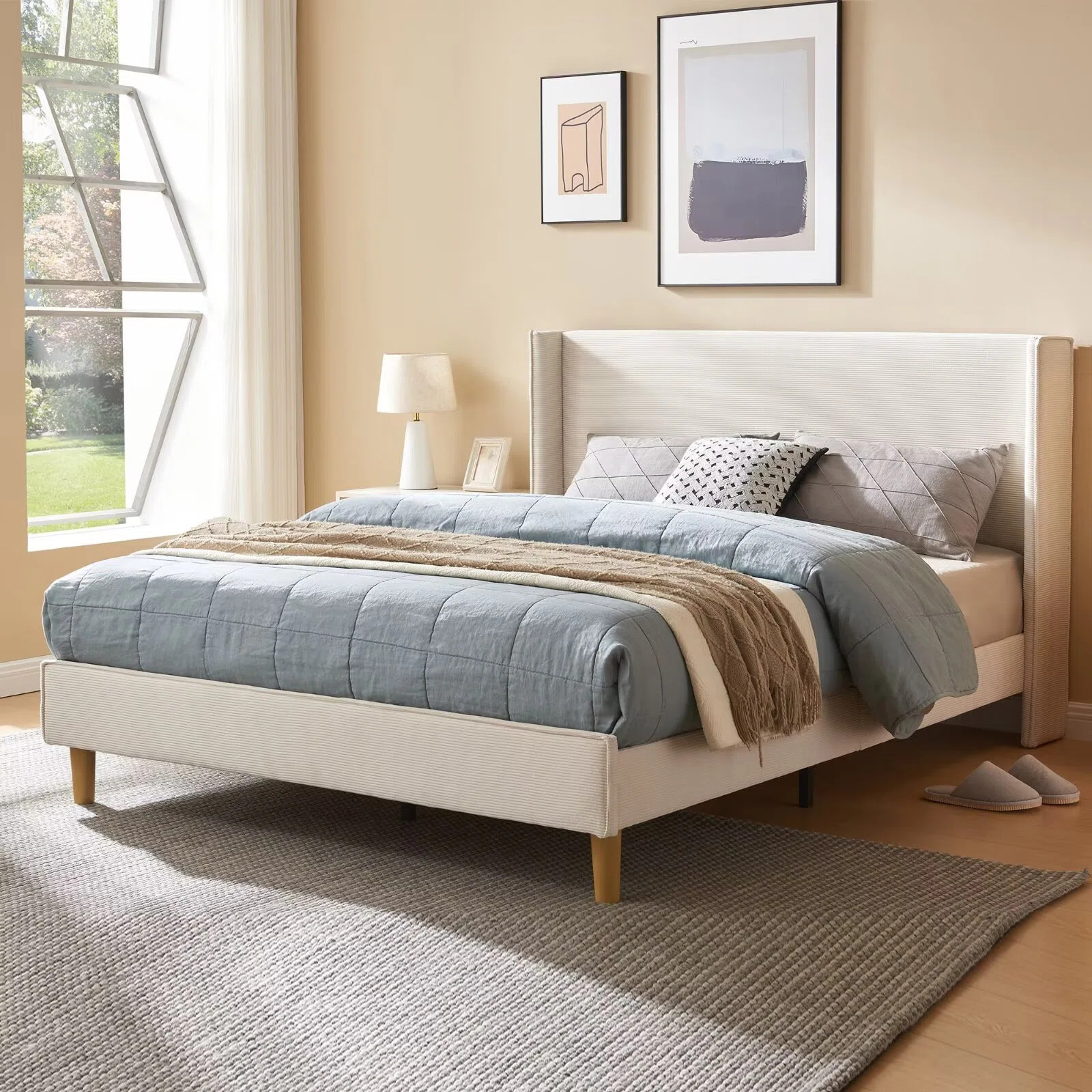Luxury Corduroy Upholstered Bed - Modern Wingback Design,No Box Spring Needed, Noise-Free | Wayfair North America