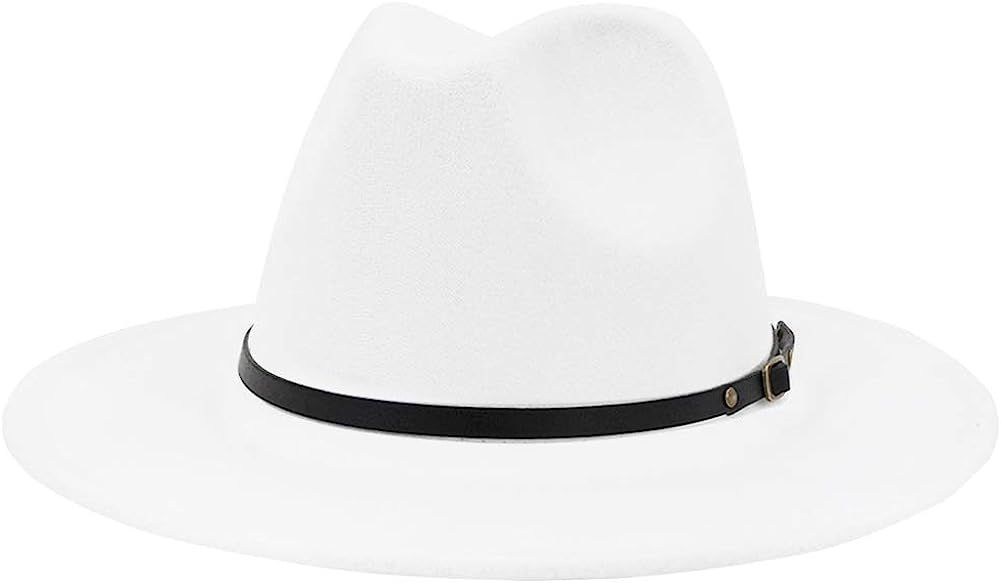 Lisianthus Womens White Wide Brim Fedora Jazz Cap Panama Hat with Belt Buckle Decor | Amazon (US)