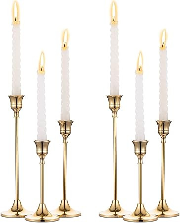 2 Sets(6 Pcs) Brass Gold Metal Taper Candle Holders Candlestick Holders, Vintage Modern Decorativ... | Amazon (US)