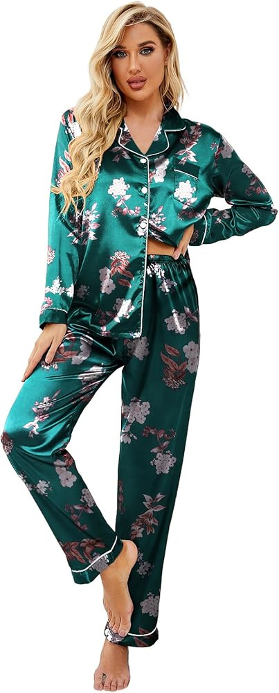 Ekouaer Women's Classic Button Down Long Satin Silk Pajama Set | Amazon (US)