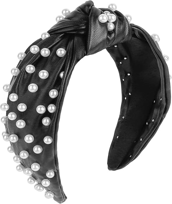 YISSION Pearl Knotted Headband Non Slip Leather Beaded Headbands for women Wide Jeweled Embellish... | Amazon (US)