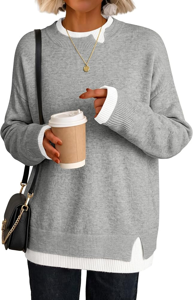 ANRABESS Womens Oversized Sweater Fall Crewneck Patchwork Teacher Outfits | Amazon (US)