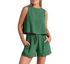 Caracilia Women's Summer 2 Piece Outfits Linen Shorts Sets Crew neck Sleeveless Crop Tank Top and... | Amazon (US)