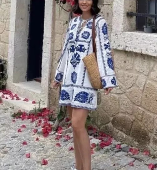 ZARA COTTON WHITE SHORT BLUE EMBROIDERED TUNIC KAFTAN DRESS sz XS, And S  | eBay | eBay US