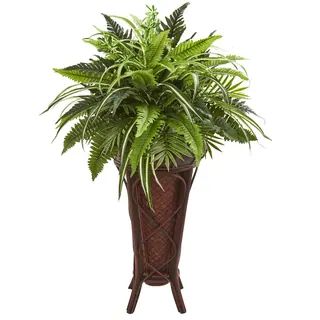 Nearly Natural 32-inch Mixed Greens and Fern Artificial Plant in Decorative Stand | Bed Bath & Beyond