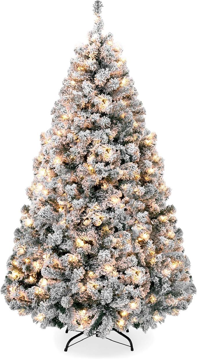 Amazon.com: Best Choice Products 7.5ft Pre-Lit Snow Flocked Artificial Holiday Christmas Pine Tre... | Amazon (US)
