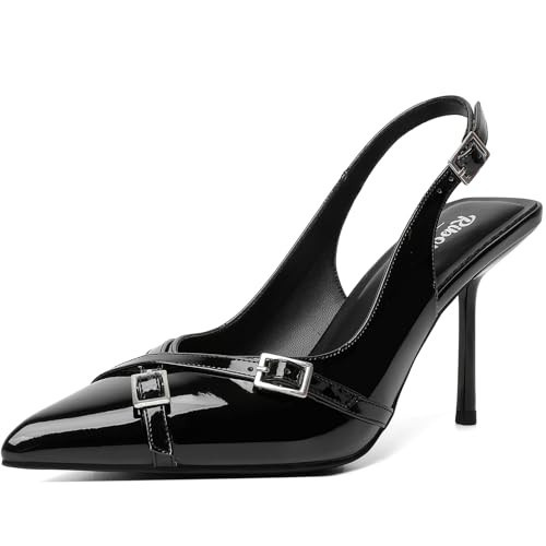 RIBONGZ Black Heels Slingback for Women Closed Pointed Toe Stiletto High Heeled with Buckle Patent Leather Heels Wedding Bride Prom Dating Party Working Dressy Shoes 10 | Amazon (US)
