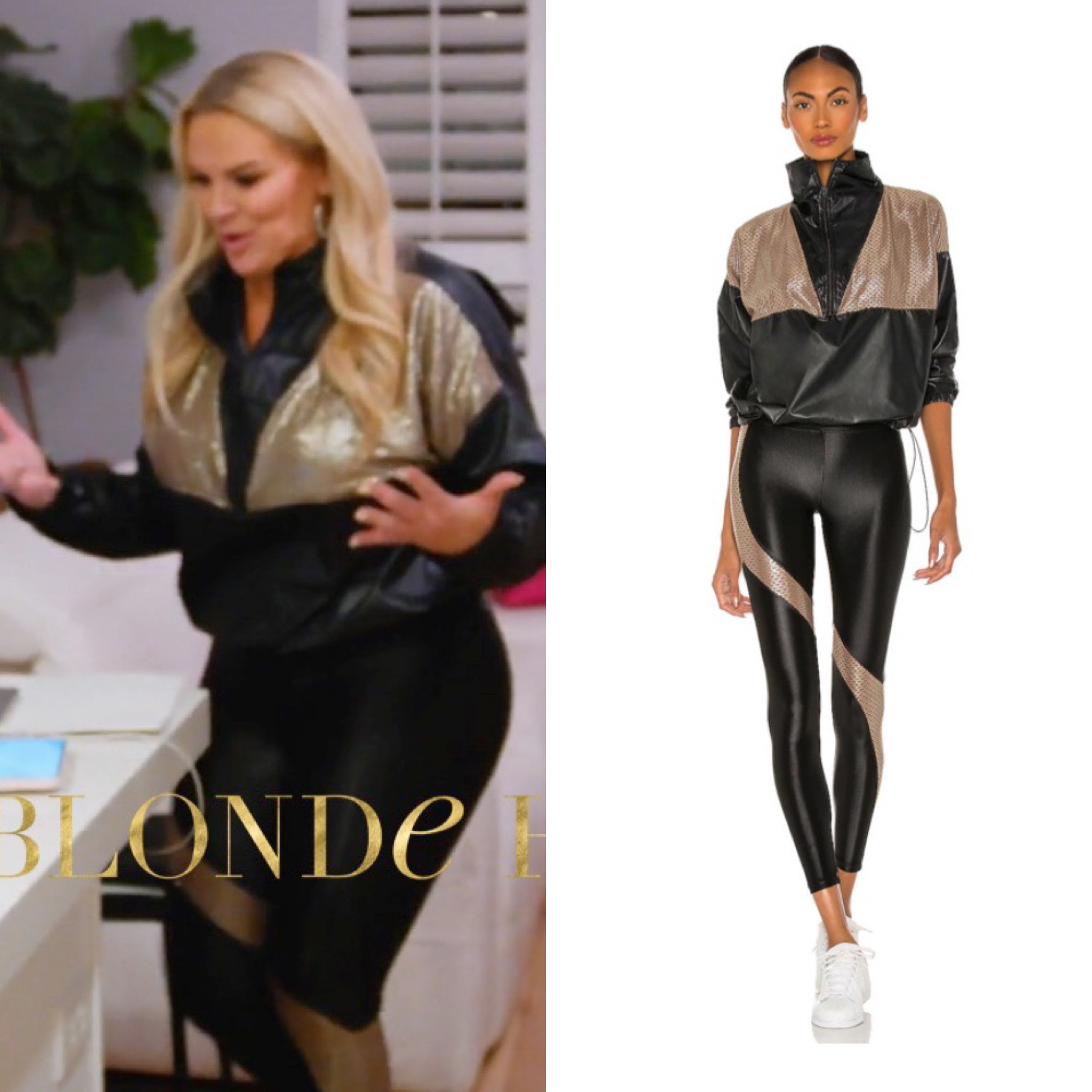 Gold Star // Get Details On Heather Gay's Black and Gold Workout Outfit With The Link In Our Bio #RHOSLC #HeatherGay 