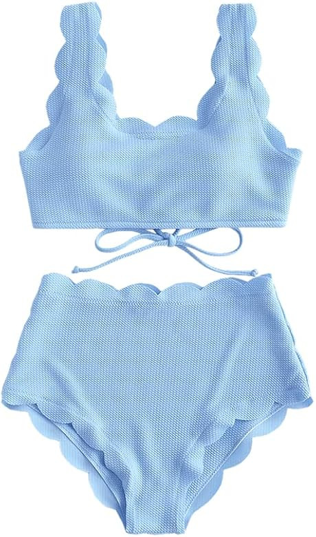 ZAFUL High Waisted Swimsuits for Women Scalloped Bikini Sets Back Lace-Up Tankini Sets Tummy Cont... | Amazon (US)