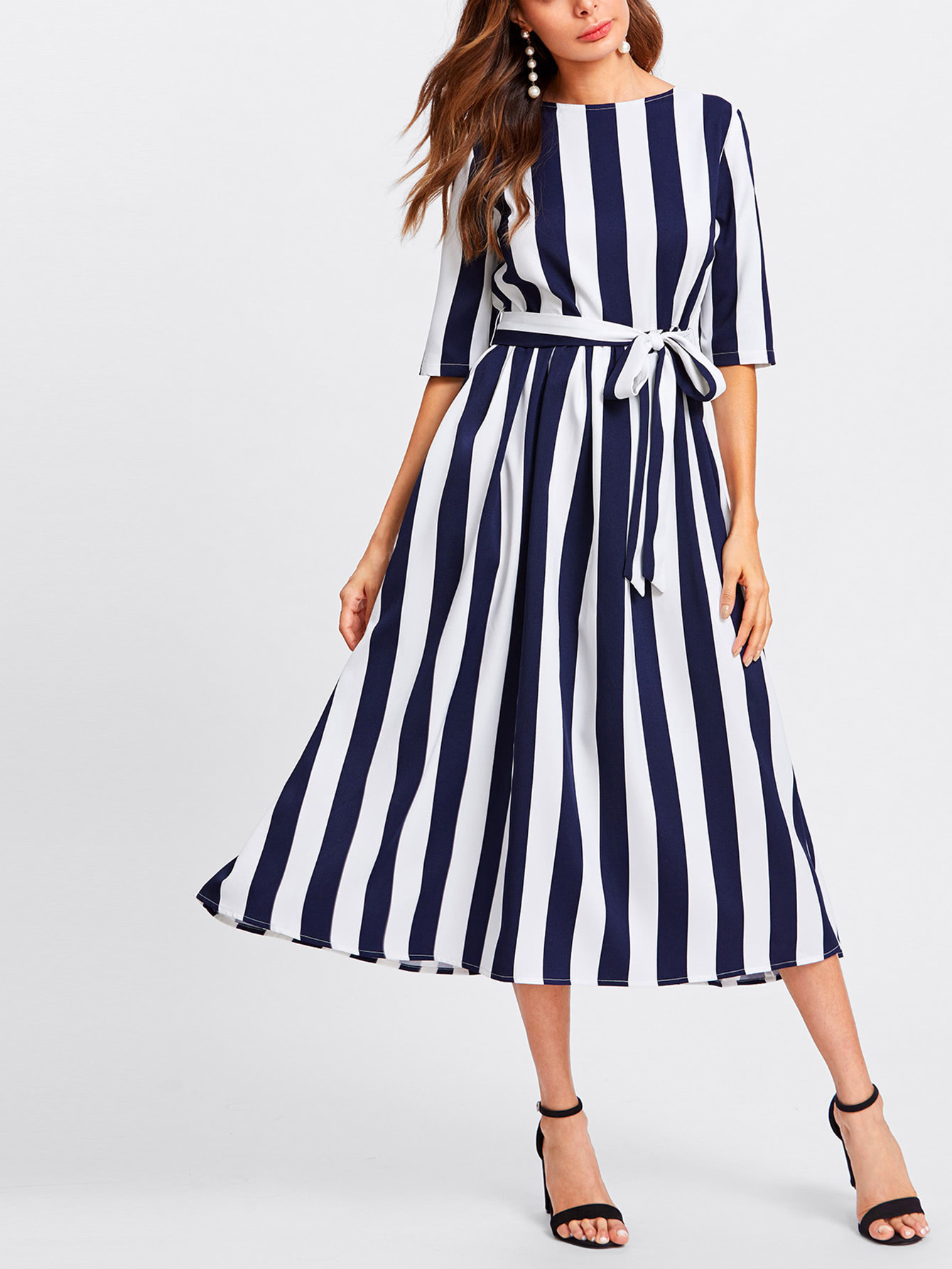 Button Keyhole Back Self Belt Vertical Striped Dress | SHEIN