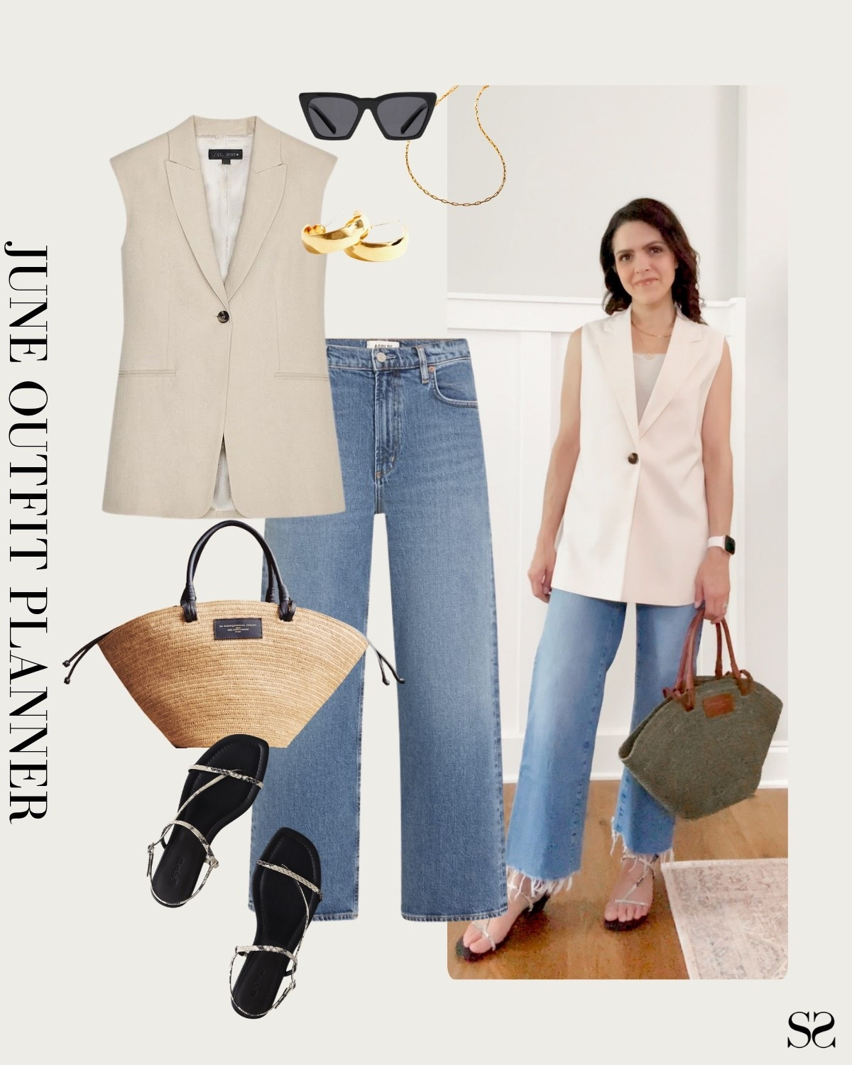 Monthly outfit planner JUNE: what I planned vs how it’s worn: Spring & Summer looks, pin to planner outfit inspo | linen sleeveless blazer vest, straight leg jean, straw tote, sandals 

#springoutfit #summeroutfit #casualchic


#LTKStyleTip