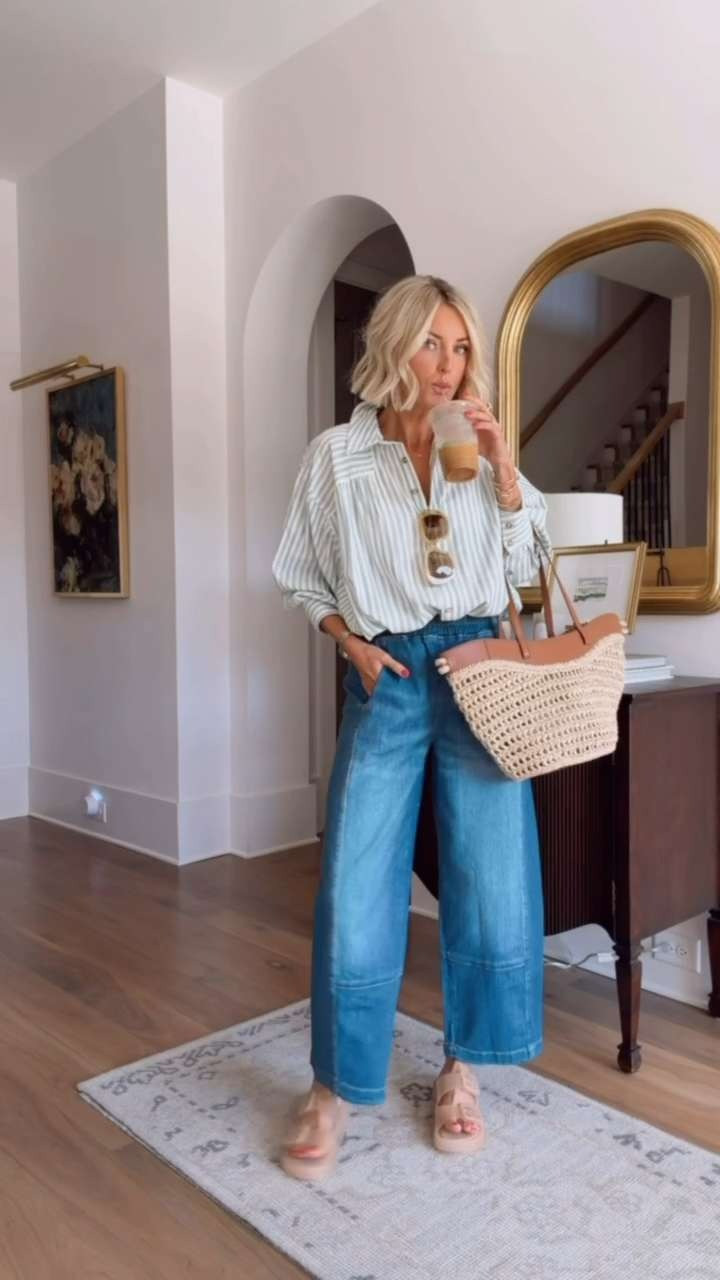 Such a classic look- a striped button-down with jeans. This can easily be transitioned for cooler to warm weather- wear it open as a layering piece or on its own for warmer weather! This top would also be cute for a beach cover up. Wearing XS in both

Loverly grey, anthropologie finds, striped button down how to style, pilcro, capsule staple wardrobe, womens everyday casual style 

 #LTKSeasonal #LTKWorkwear