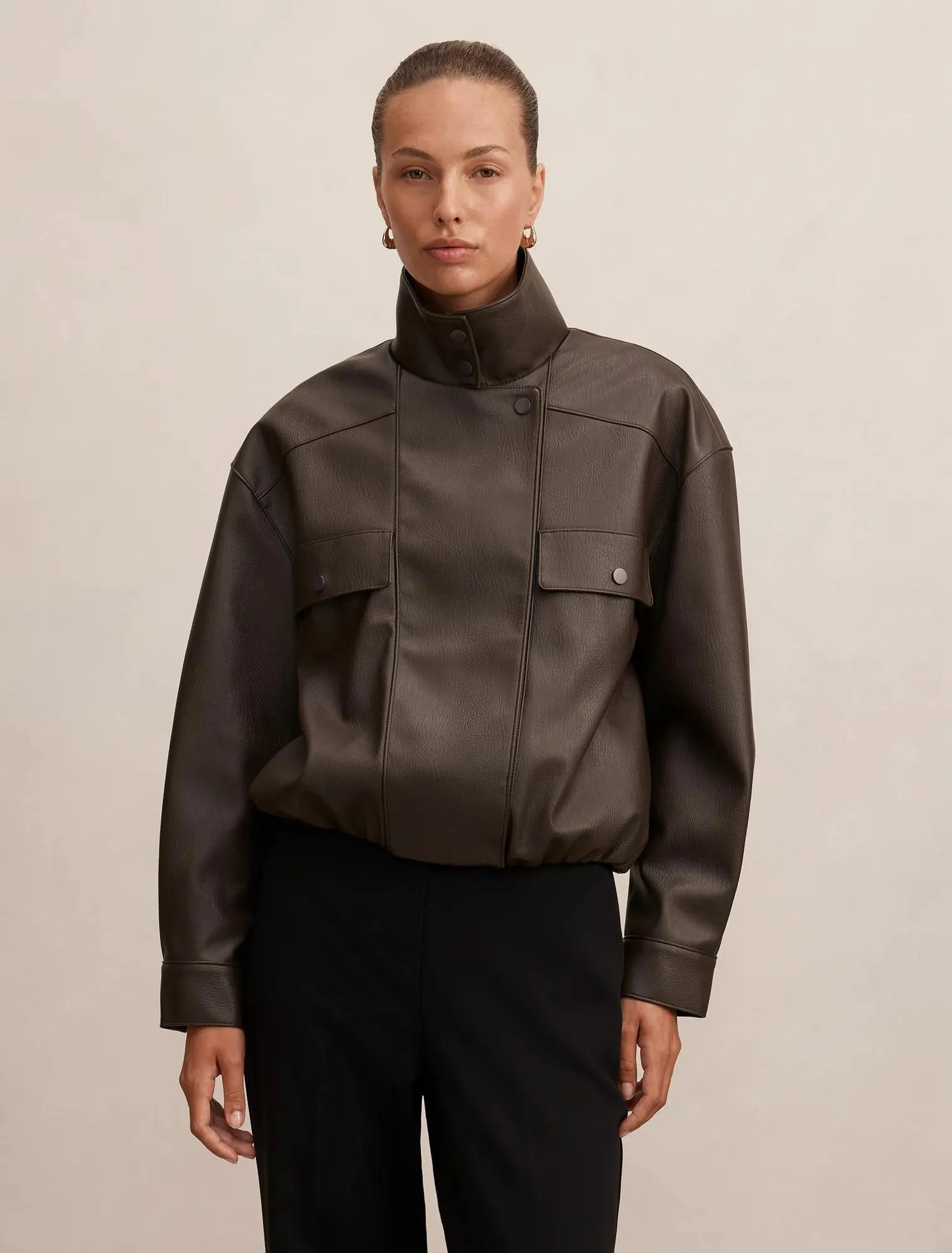 Angela Funnel Neck Faux Leather Bomber Jacket Chocolate | Ever New (CA)