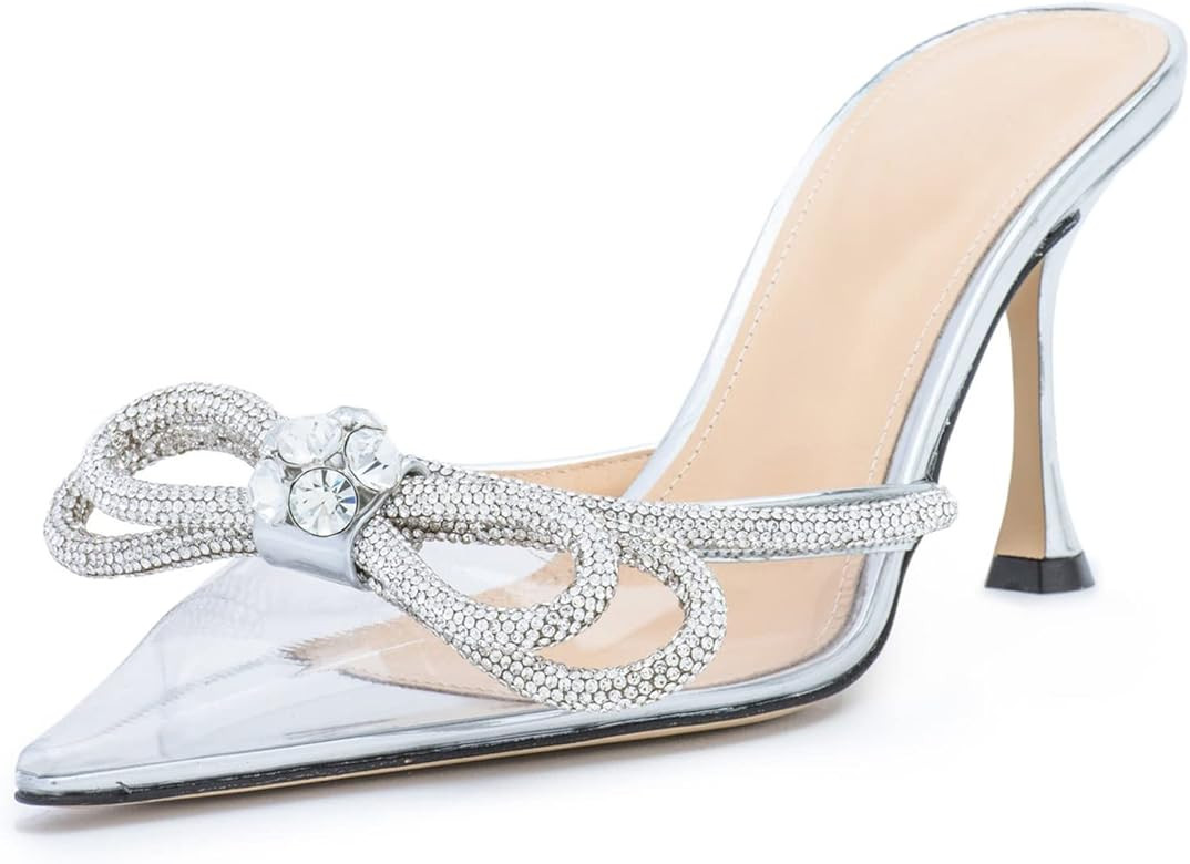 MIRAAZZURRA Women High Heeled Mules Clear PVC Pointed Toe Rhinestone Bow-knot Wedding Sparkly San... | Amazon (US)