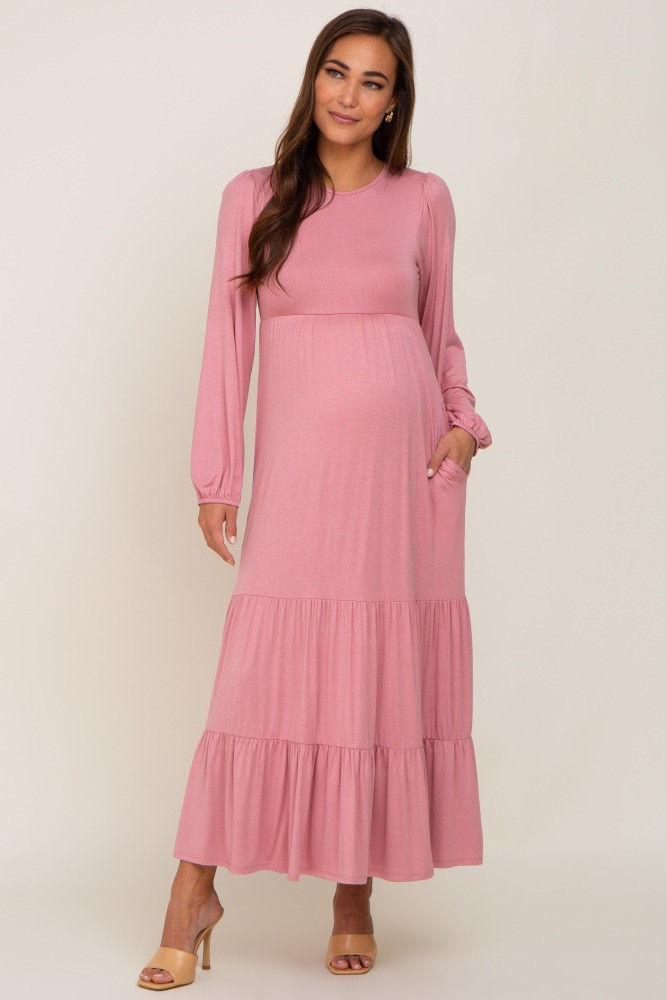 Mauve Long Sleeve Tiered Maternity Maxi Dress | PinkBlush Maternity
