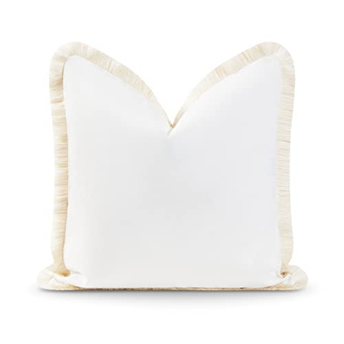 Hofdeco Premium Coastal Patio Indoor Outdoor Pillow Cover Only, 20"x20" Water Resistant for Backyard, Couch, Solid White Fringe | Amazon (US)