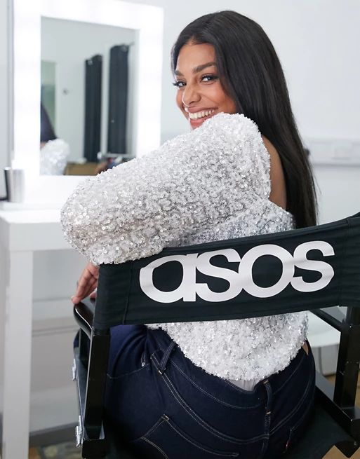 Club L London Plus sequin puff sleeve plunge front body in ivory | ASOS (Global)