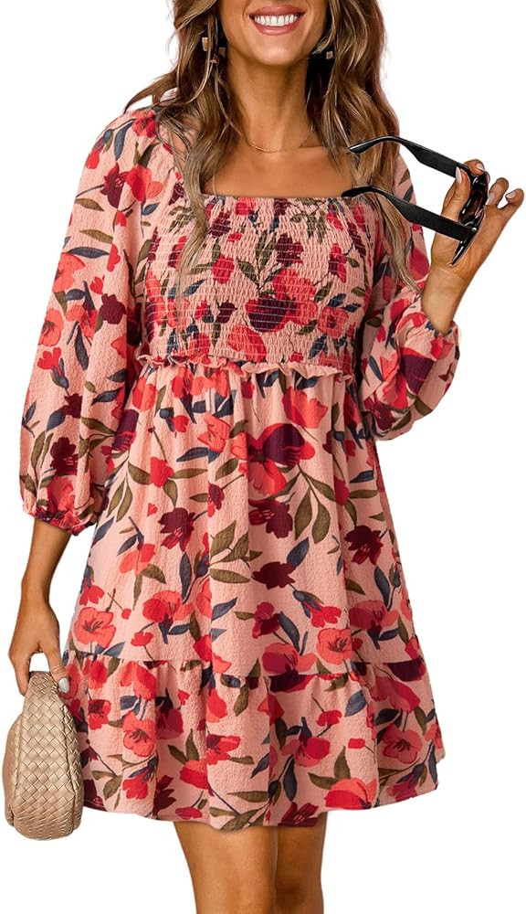 Dokotoo Womens Summer Fall Dresses 2024 Boho Floral Square Neck Smocked 3/4 Sleeve Casual A-Line ... | Amazon (US)