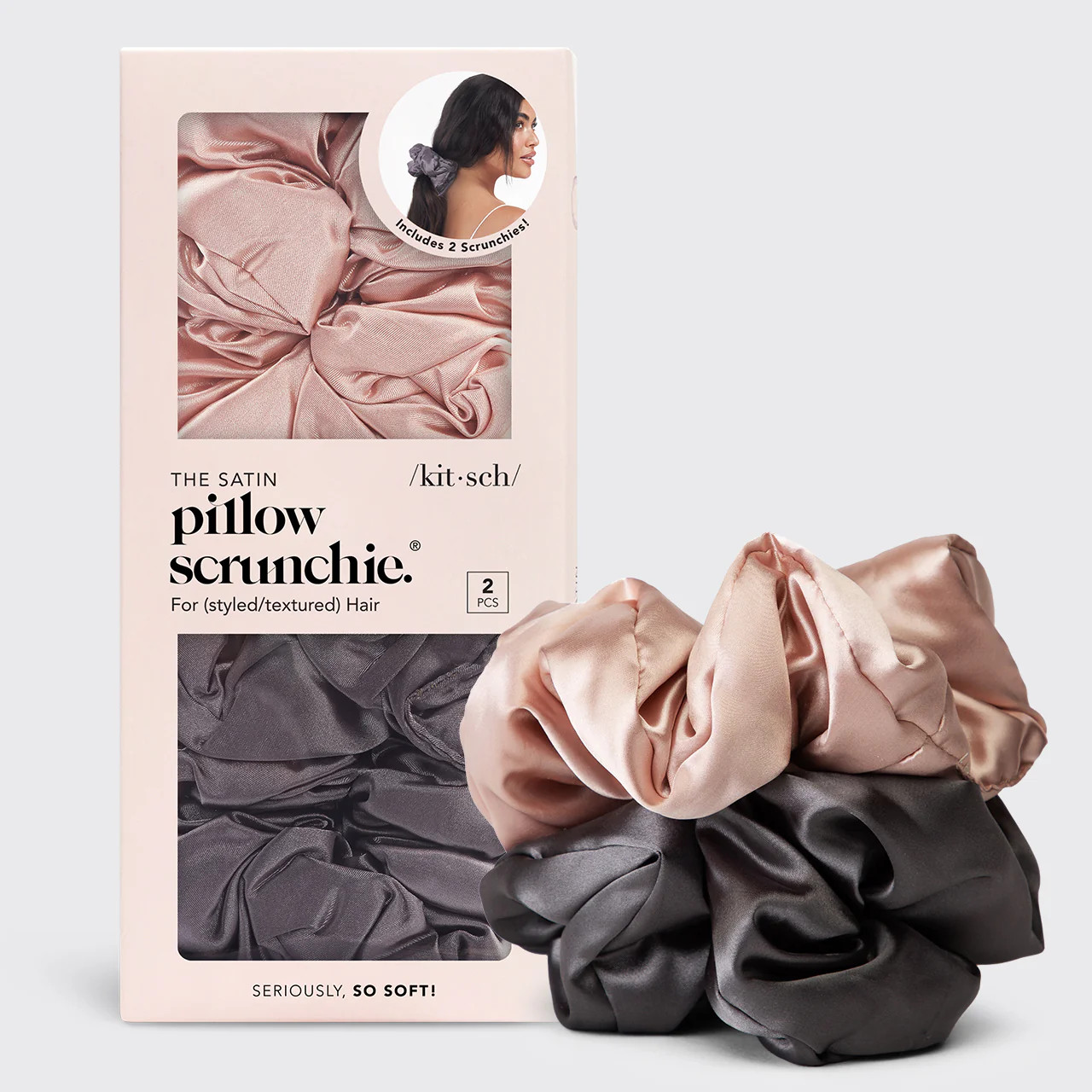 Blush & Gray Satin Pillow Scrunchies 2pc Set | Kitsch