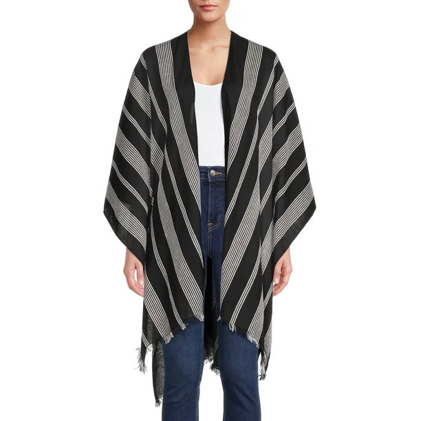 Time and Tru Women's Fringed Stripe Ruana | Walmart (US)