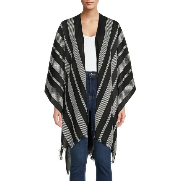 Time and Tru Women's Fringed Stripe Ruana - Walmart.com | Walmart (US)