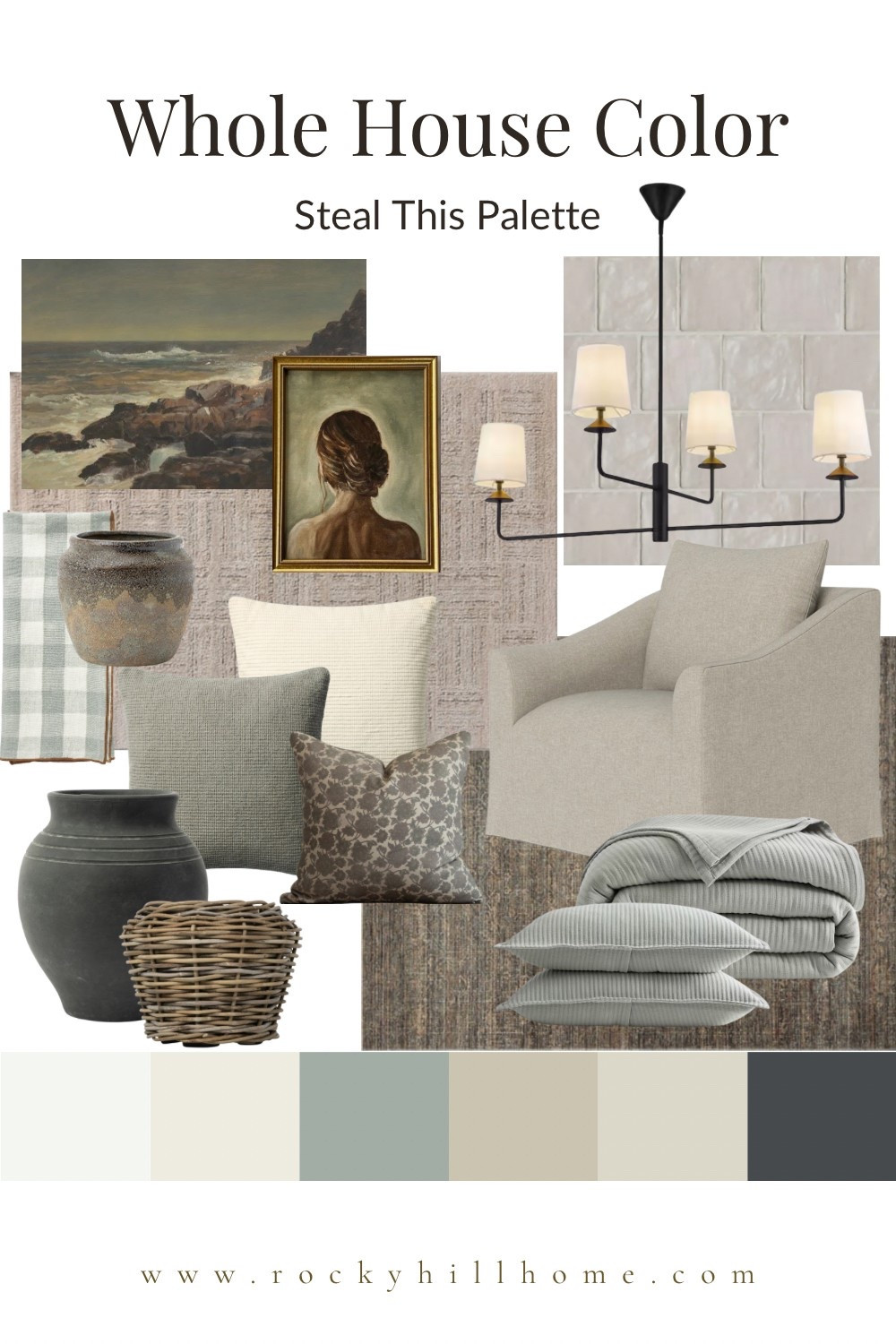 Visit rockyhillhome.com for tips on how to create a whole house color palette, and this one you can take for yourself (paint colors included).

Cozy coastal decor, vintage art, soft sage textiles, beige tile, loloi rugs, wicker planter, quince bedding 

#LTKHome #LTKFindsUnder50 #LTKStyleTip