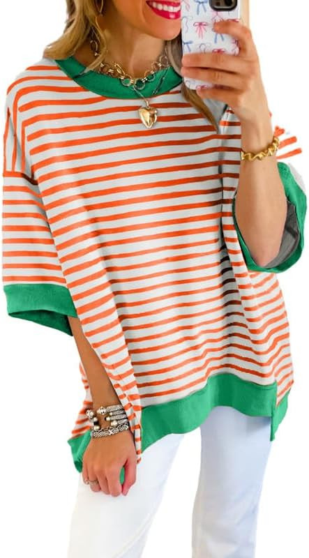 SHEWIN Womens Tops Casual Short Sleeve Sweatshirt Striped Shirt Crewneck Pullover T Shirts Loose ... | Amazon (US)