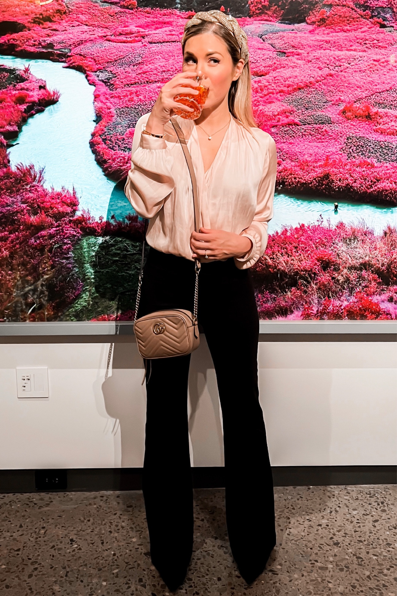 Wrap pink top
Flare pants 
Gucci bag 


#LTKSeasonal #LTKstyletip #LTKitbag