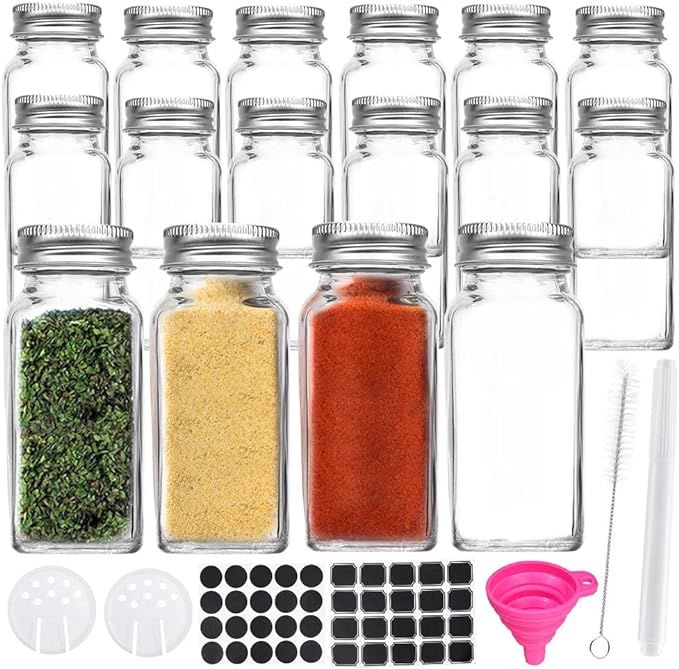 16 Pack 4 oz Glass Spice & Salts Jars Bottles, Clear Square Glass Seasoning Jars With Aluminum Si... | Amazon (US)