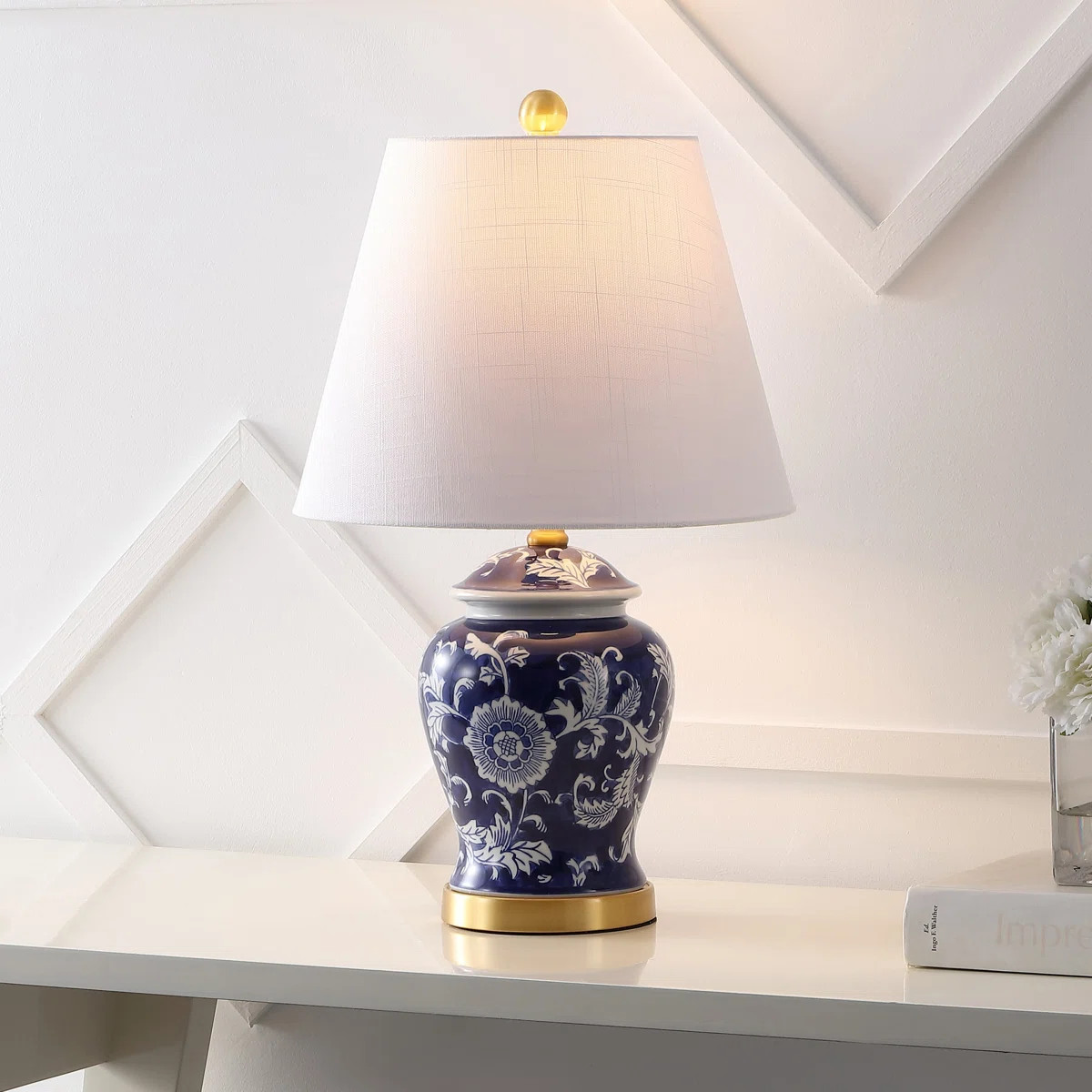 This table lamp is hand-painted and glazed with antiqued brass ornamentation. The tapered linen h... | Wayfair North America