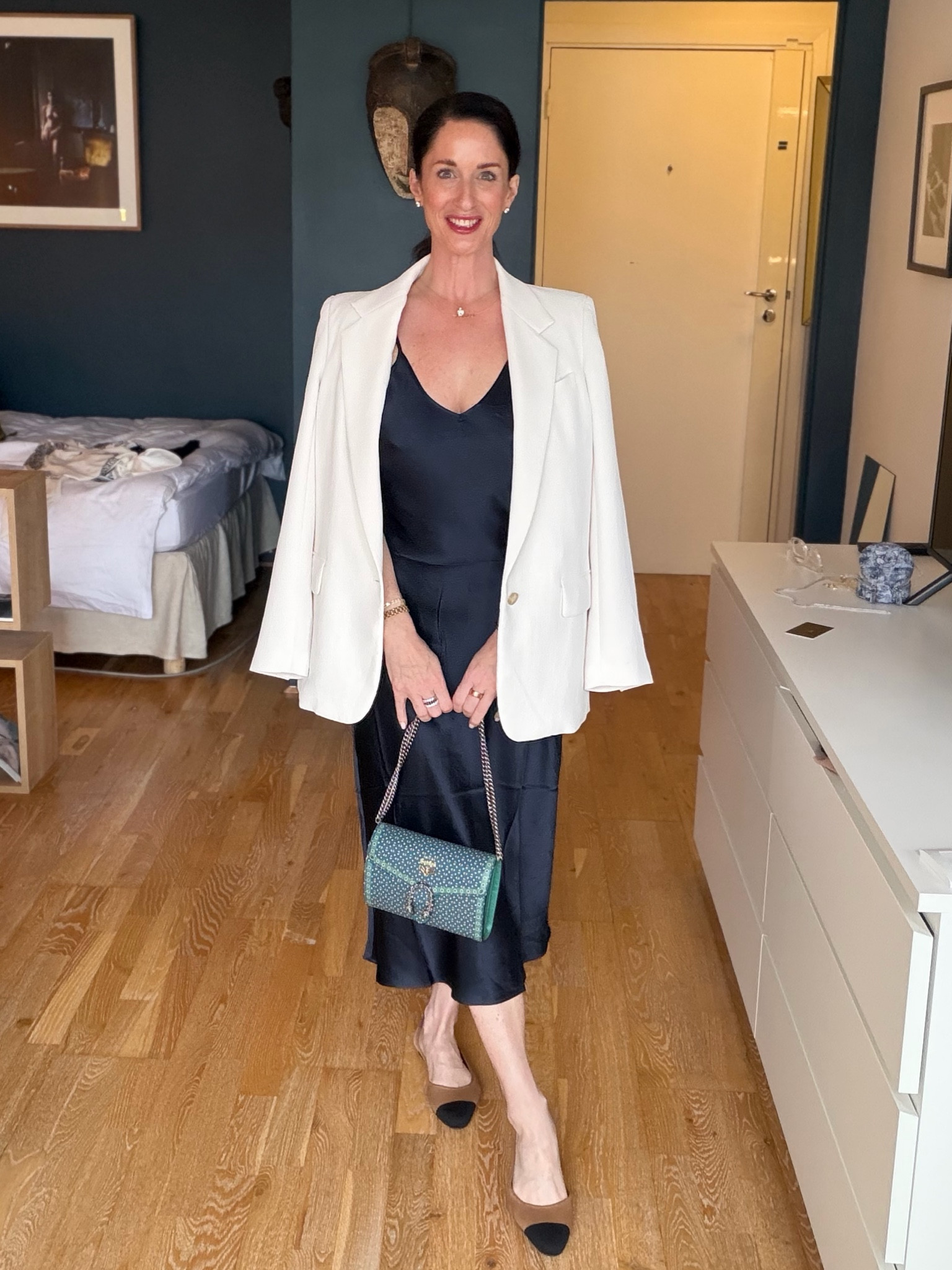 What I wore for my first night out in Paris.
@Quince Navy Mulberry Silk Navy slip dress
@Aritzia Wilfred Birch Blazer popped over my shoulders
@rothys cap toe sling back flats (you walk a ton here)
My fave Gucci evil eye bag I purchased in Florence at the OG Gucci garden store
My freedom set.
BaubleBar Heather necklace
@analuisa bracelets 

And of course, a huge smile. 


#LTKOver40 #LTKTravel #LTKootd