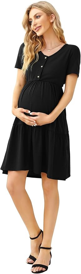 Coolmee Maternity Dress Womens V Neck Tunic Swing Dresses Babydolll Mini Dress Casual Nursing Tun... | Amazon (US)