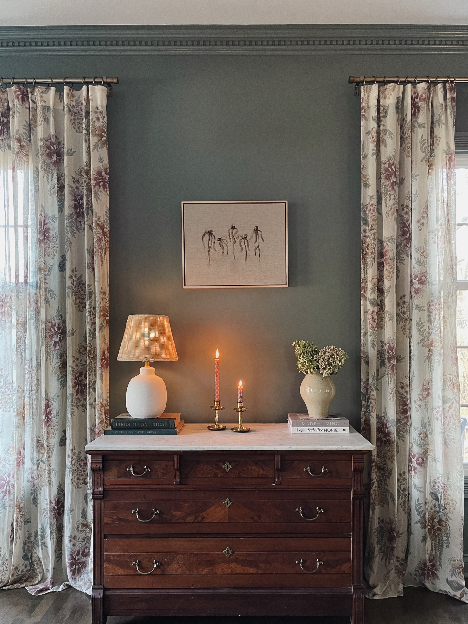 Floral drapes, curtains. Wicker lamp. Vase. Home decor. 

#LTKhome