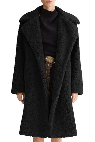 Orolay Women's Fuzzy Fleece Jacket Mid Long Faux Fur Lapel Sherpa Teddy Coat Winter Warm Outerwear with Pockets Black Large | Amazon (US)